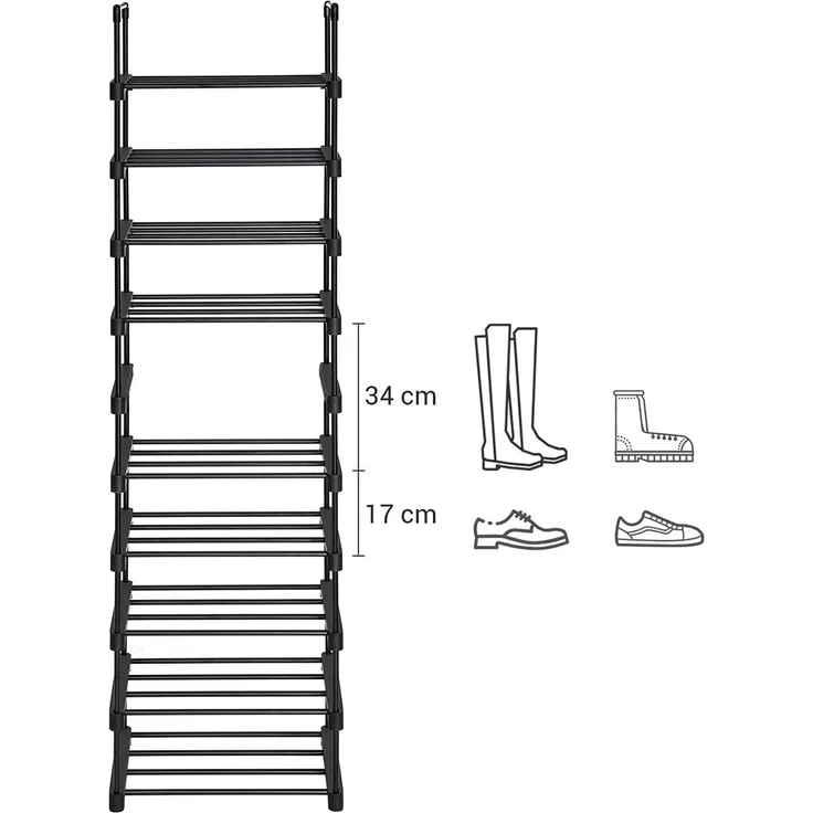 Songmics Schuhregal mit 10 Ebenen, offener Schuhschrank hoch, Schuhständer schmal, Schuhaufbewahrung, aus Metall, platzsparend, für Ankleidezimmer, Flur, 30 x 45 x 174 cm, schwarz LSA25BK – Bild 4