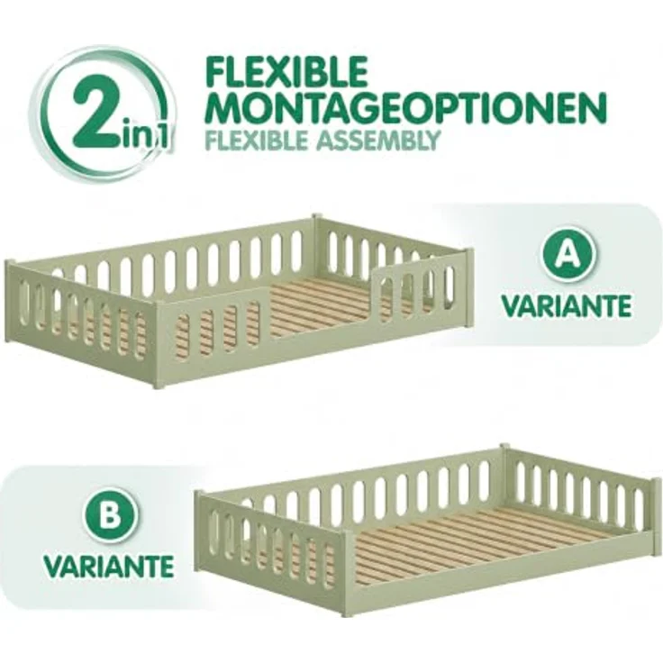 CADANI Monte 120x200 Grün Bodenbett - Rausfallschutz abnehmbar, bis 200 kg | Montessori Kinderbett, robuster Roll-Lattenrost, abgerundete Kanten, hochwertige Fertigung in der EU für langlebige Qualität – Bild 4