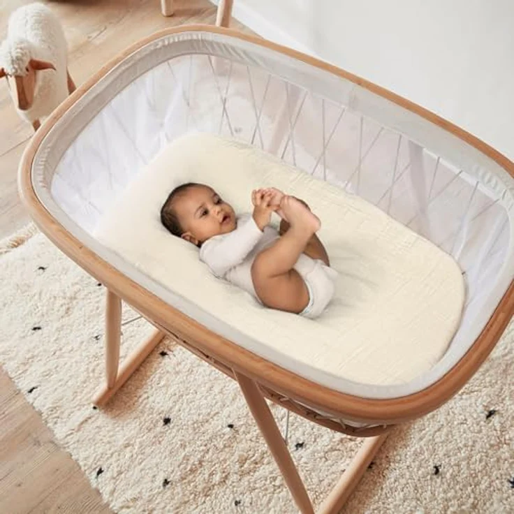 lulumoon Musselin Stubenwagen Spannbettlaken Set: Kinderwagen Matratzenbezug für Beistellbett und Wiege 100% Baumwolle 90x40 cm 2er Pack (Weiß Gelb) – Bild 7