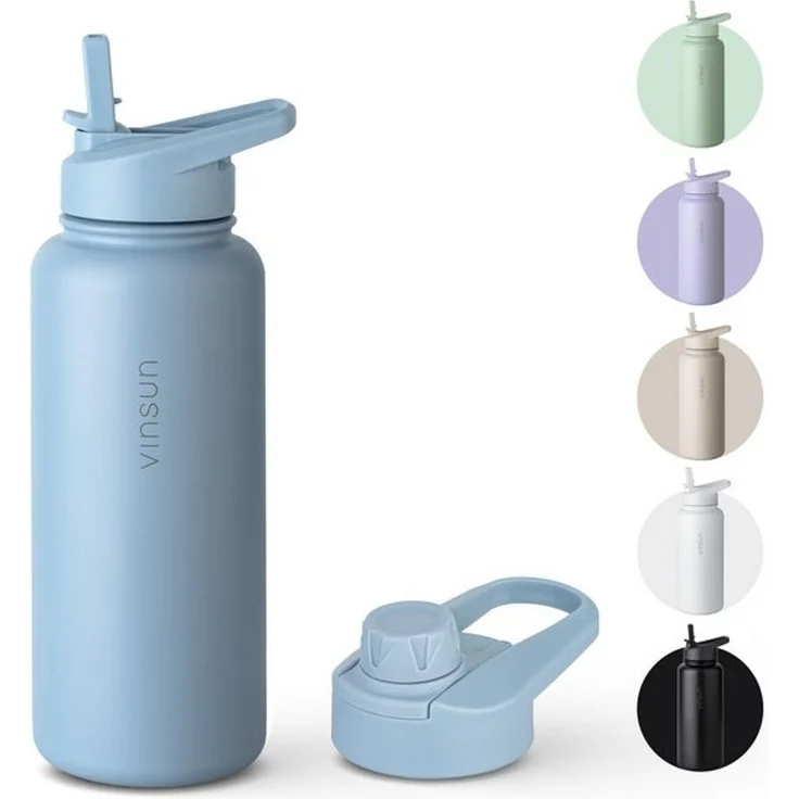 Vinsun Isolierflasche Edelstahl Trinkflasche 750ml Strohhalm - 2 Deckel Thermoflasche, BPA frei, doppelwandig, auslaufsicher, bruchsicher, geruchsneutral – Bild 4