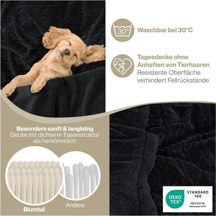 Blumtal Wohndecke, Oeko-TEX zertifiziert, waschbar, weiche Sherpa-Innenseite, Schwarz, 230x270 cm – Bild 1
