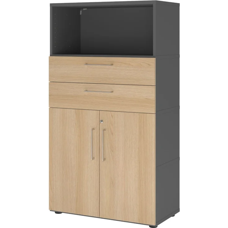 bümö flexi Aktenschrank abschließbar mit Flügeltüren & 2 Schubladen in Graphit/Eiche, Büroschrank mit werkzeuglosem Schnellmontage-Klicksysten in modularer Bauweise, FW48K2KG-G-E-BS – Bild 1