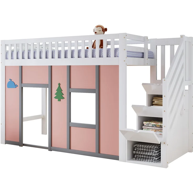 Merax Hochbett 90x200 cm, Kinderbett, Halbhochbett mit Stauraumtreppe, LED-Beleuchtung, Spielbereich, Rausfallschutz und Deko-Motiven, Weiß + Rosa, 252.5 x 95 x 142 cm – Bild 10