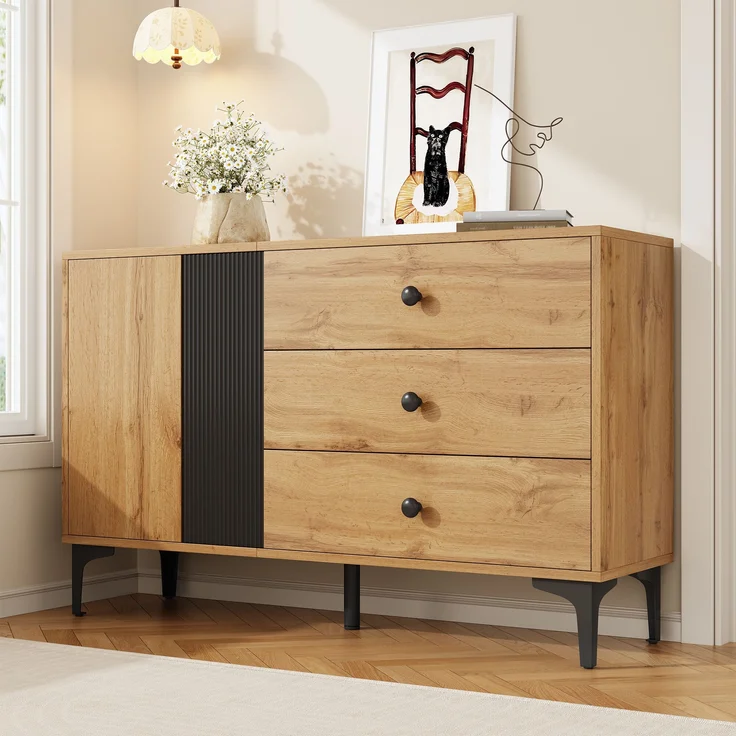 Sideboard aus Spanplatte mit Tür & 3 Schubladen, 120x35x76 cm, Natur/Schwarz – Bild 2