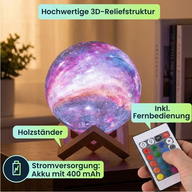 Casativo Nachtlicht 3D Galaxy Mond Lampe 15cm: 16 Farben, dimmbar, Fernbedienung & Holzfuß, Akku Nachtlicht & Deko – Bild 3