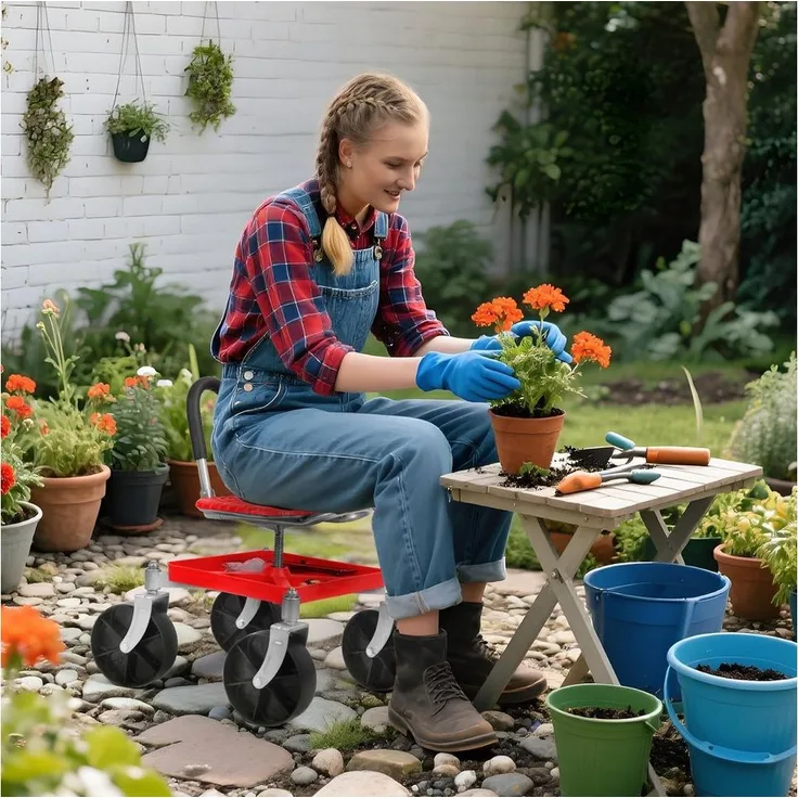 Rutaqian Rollsitz Fahrbarer Gartensitz mit Stauraum,Höhenverstellbar 51-61cm, (1 x Fahrbarer Rollsitz 1 x Schraubenschlüssel), 360° Drehbare Schwenkbarer Gartenhocker Schubkarrez, bis 150kg