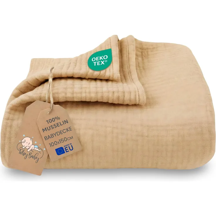 Musselin Decke Babydecke Baumwolle 100x150 cm - Musselindecke Kuscheldecke Baby Musselintücher Kinderdecke dünne Babydecken Pucktuch Muslin Blanket für Kinder Oeko-Tex-Zertifikat Beige