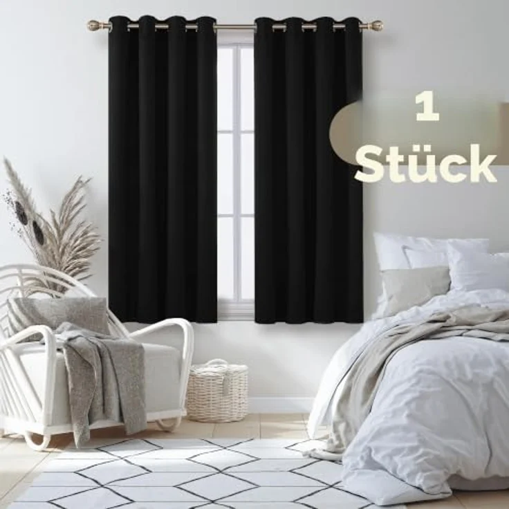 Deconovo Blickdichter Kurzer Vorhang Hitzeschutz Thermovorhänge Schwarz | 1 Stück, H160 x B132 cm, Ösenschal Gardinen, Abdunkelnd, Sichtschutz, UV-Schutz, Kälteschutz und Hitzeschutz Blackout Curtain – Bild 3