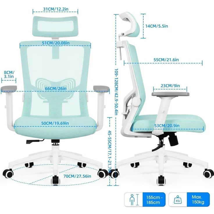 Daccormax Bürostuhl Ergonomisch, mit verstellbarer Kopfstütze, Lendenwirbelstütze & Wippfunktion, Mesh türkis, 70 x 70 x 128 cm – Bild 3