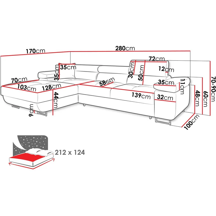 Ecksofa Torezio Mini mit Bettkasten, Schlaffunktion und Einstellbare Kopfstützen (Farbe: Lumo 65, Seite: Links) – Bild 5