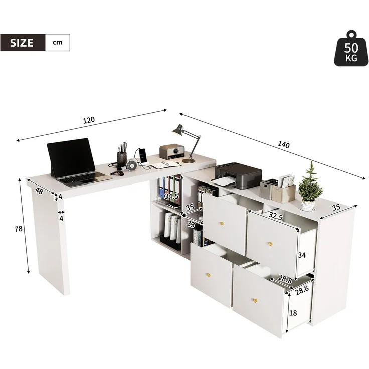 Flieks rechter Ecke 360° Drehschreibtisch, L Eckschreibtisch mit Sideboard, 4 Fächern & 4 Schubladen, 120×48×78 cm + 140×35×73.5 cm, Weiß – Bild 4