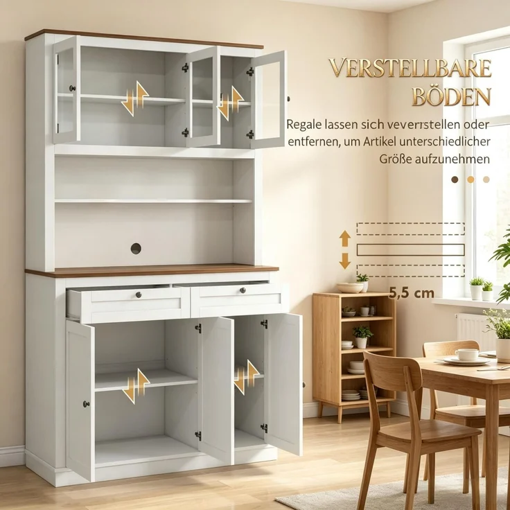 Buffet Anrichte mit offenen Regalen, Schubladen und viel Stauraum,Geschirrschrank,Küchenschrank--Weiß--100x40x180cm--YOUDENOVA – Bild 5