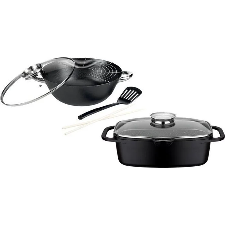 GSW Topf-Set Gourmet Granit, Gusseisen (Set, 4-tlg, 1 Bräter 32cm, 1 Wok Ø32cm, mit Deckel, Gittereinsatz, Pfannenwender), Induktion – Bild 4