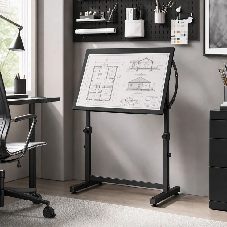 MELAYR, Zeichentisch, höhen- und neigungsverstellbar, mit rutschfester Ablageleiste, Schwarz, 90 x 60 x 90 cm – Bild 3
