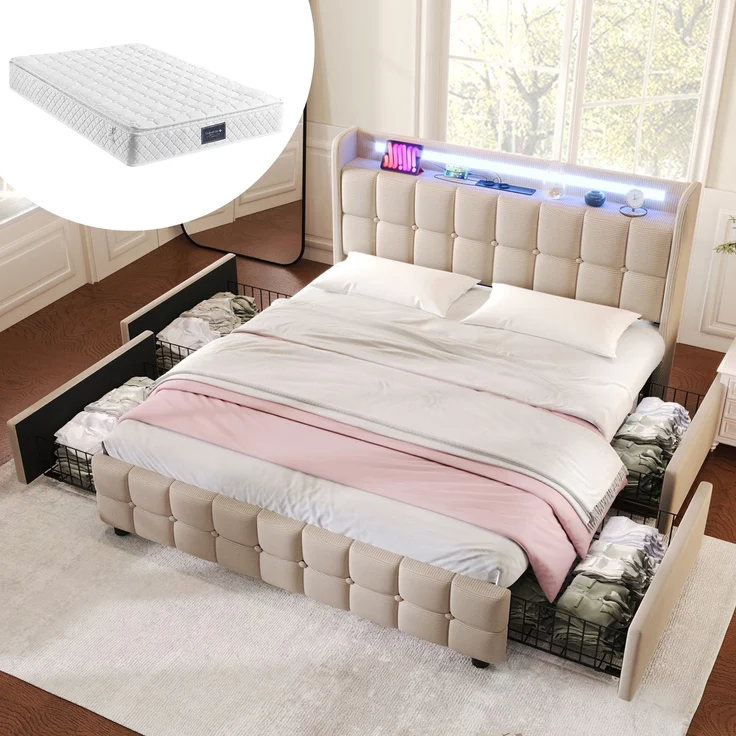 Einzelbett 160 × 200 cm mit Steckdosen,USB-Anschlüssen und LED-Beleuchtung,4 Schubladen,Leinenbezug in Beige,inklusive Matratze – Bild 1