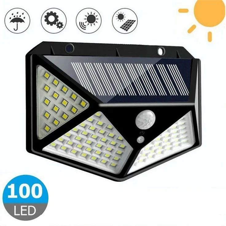 Rhein Beleuchtung LED Solarleuchte Solar Wandleuchte mit Bewegungssensor – 100 LED, 3 Modi, IP65, Solar Bewegungsmelder außen – Solarlampen für außen wasserdicht, LED fest integriert, Tageslichtweiß, Solar Außenlampe mit 120° Erkennung – kabellos & ene...