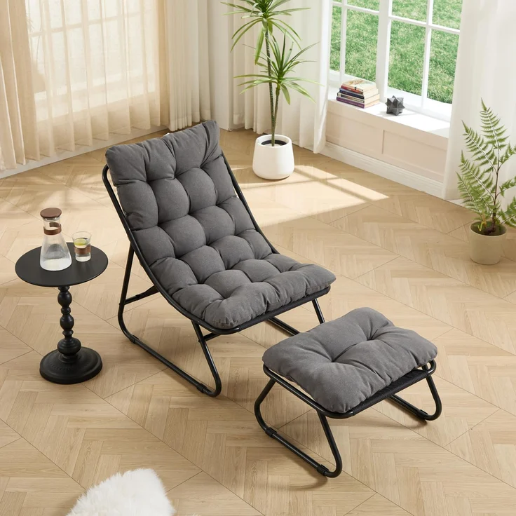 Ball & Cast Outdoor Loungesessel mit Hocker und abnehmbarem Kissen, Relaxsessel für Garten, Terrasse, Balkon, Wohnzimmer & Schlafzimmer, Grau