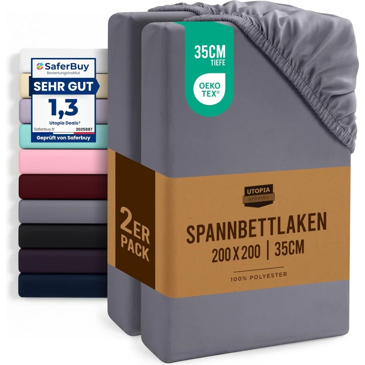 Utopia Bedding - 2er Set Spannbettlaken 200x200 cm - Grau - Oeko-Tex Zertifiziertes - Gebürstete Mikrofaser Spannbetttuch - 35 cm Tiefe Tasche