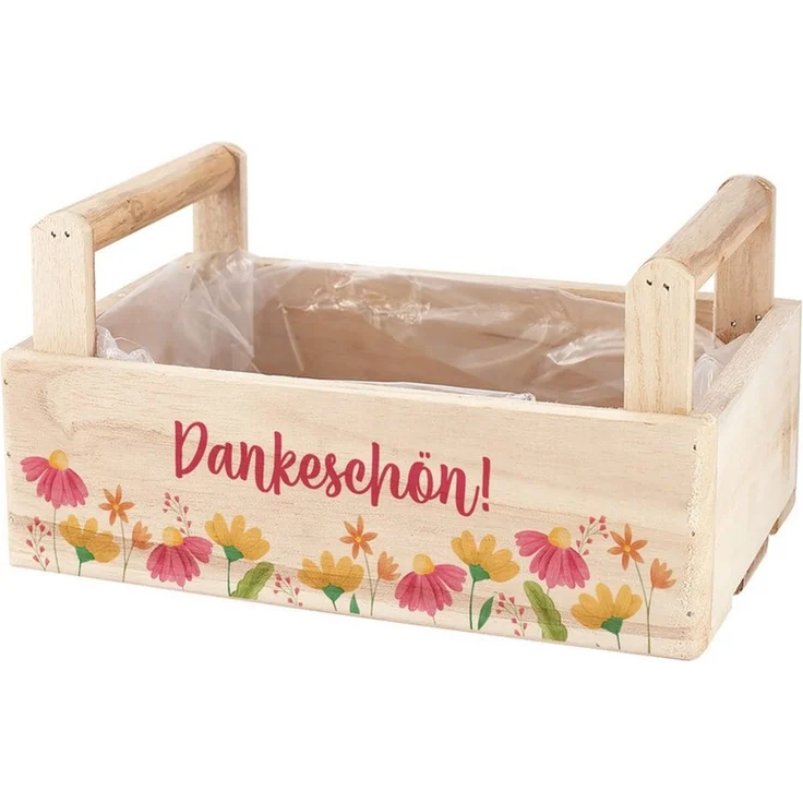 Herz & Heim Geschenkbox aus Holz - Geschenkkorb mit Blumen Motiv als Geschenkverpackung, mit Holzgriffen – Bild 2