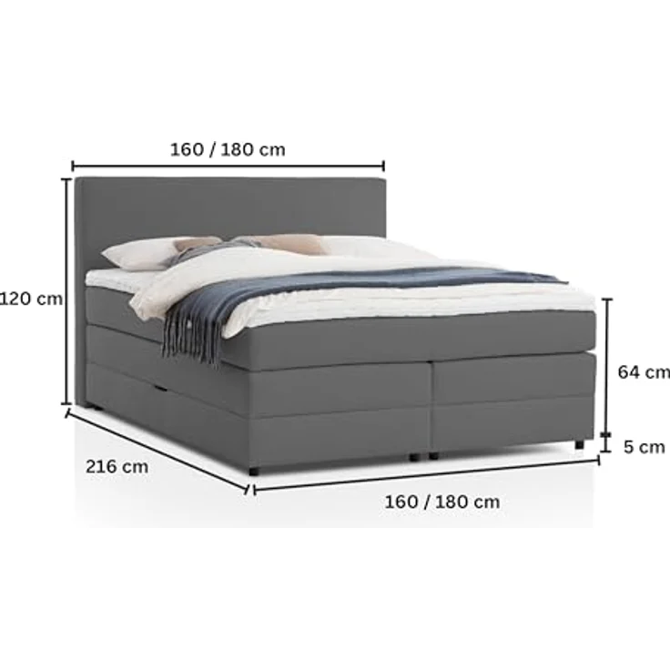 Belanoti Boxspringbett LOFT (Boxspringbett 160x200 mit Bettkasten, 7-Zonen Taschenfederkern Matratze inklusive Visco Topper), Bett 160x200 in der Farbe Anthrazit H2/H3 Polsterbett – Bild 3