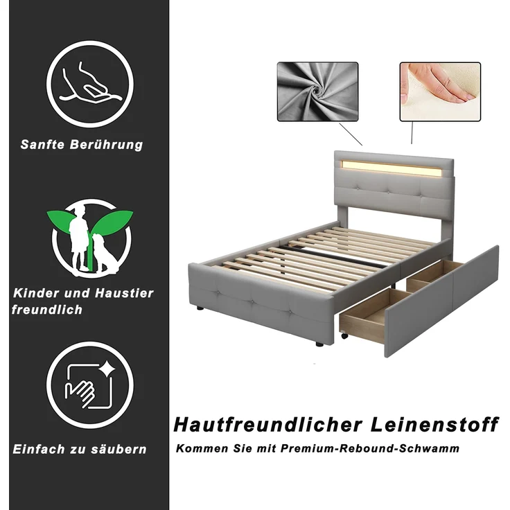 Polsterbett 90x200 cm mit LED-Beleuchtung und Schubladen – klassisches Design, höhenverstellbares Kopfteil – Bild 5