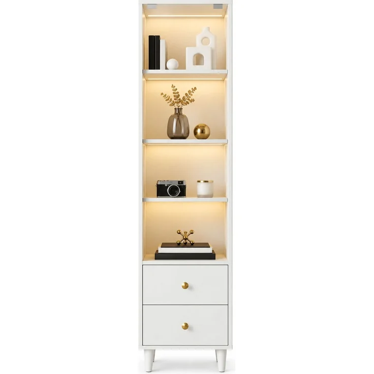 Vitrine 40 x 35 x 165 cm in Weiß mit Glastüren, LED-Beleuchtung und 2 Schubladen – Bild 6