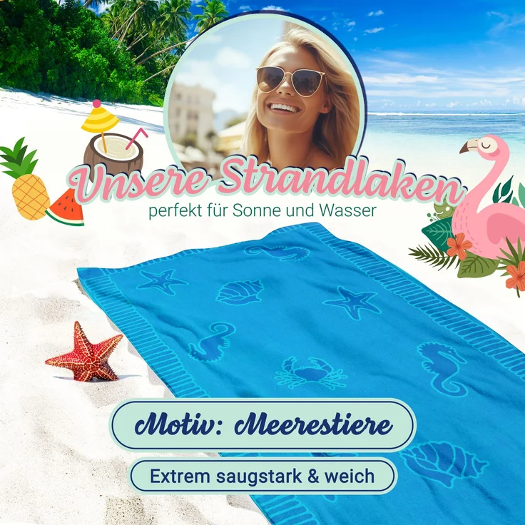 ZOLLNER Strandtuch XXL aus Baumwolle, 100x200 cm, blau mit Meerestiermotiven – Bild 4