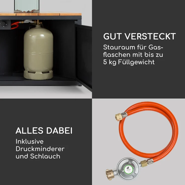 Tofino Gasheizer mit Tisch Metall Eichenholz Lavasteine 7 kW Weiß – Bild 10