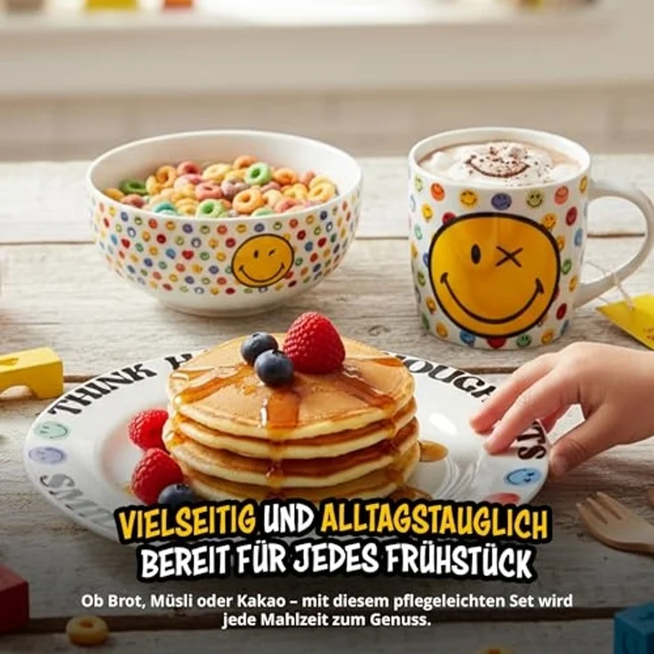 United Labels® Frühstücks-Geschirrset Smileyworld - Think Happy Thoughts - Set, 3-tlg, 1 Personen, Porzellan – Bild 3