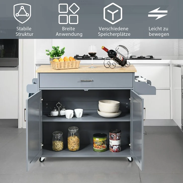 Kücheninsel-Wagen rollender Aufbewahrungswagen großer Schrank 116 x 40 x 85 cm Grau + Natur – Bild 2