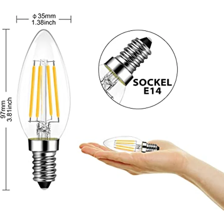 LVWIT E14 Kerze LED Lampe 6W 806 Lumen für Kronleuchter, E14 Glühfaden Retrofit Classic Glühbirne, ersetzt 60W, 2700K Warmweiß, Filament Fadenlampe, Glas, nicht dimmbar (6er Pack) – Bild 7