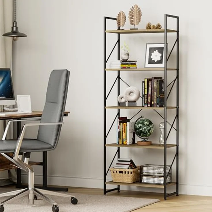 YITAHOME Bücherregal, Standregal mit 5 Ebenen, Hohes Lagerregal mit Metallrahmen, Industrielles Ausstellungsregal, Regaleinheiten, für Wohnzimmer, Schlafzimmer, Homeoffice, Küche, Eichenfarbe Regal – Bild 4