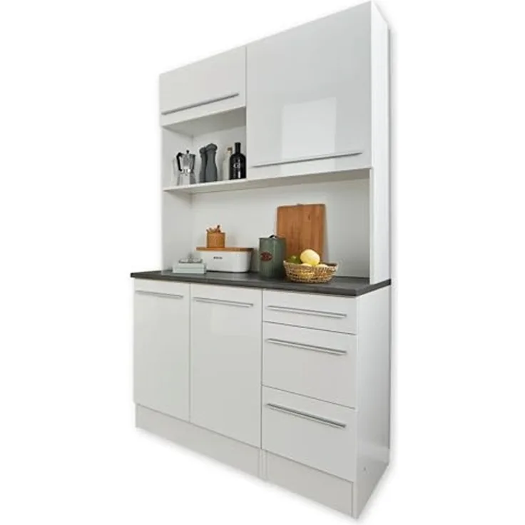 Yourkitchen 'JAZZ' Küchenschrank Buffet-Schrank Hochglanz weiß, Holznachbildung weiß, 120 x 211 x 60 cm, mit 3 Schubladen