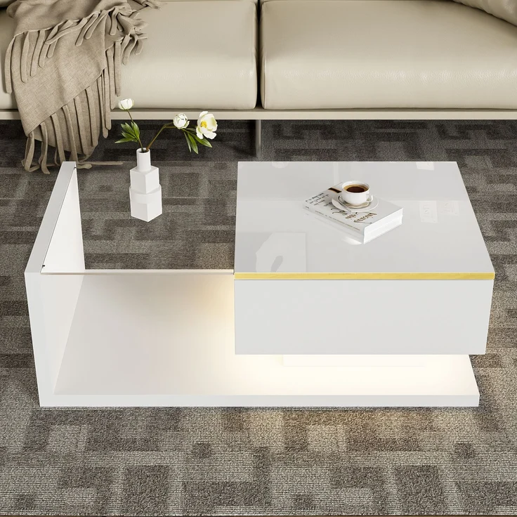 Couchtisch 90x50 cm Hochglanz Weiss LED Beleuchtung App Steuerung 16 Farben Glasplatte Wohnzimmer – Bild 3