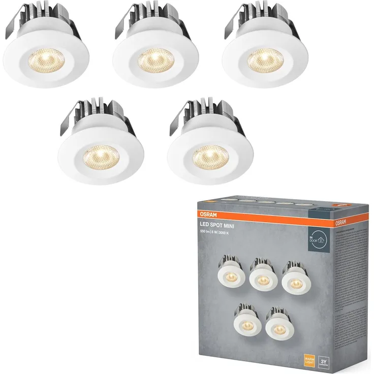 Osram Mini Spot LED Einbaustrahler 6W Weiß IP44, 5er Set Deckenspot 42mm 480lm, Bad Küche warmweiß 3000K