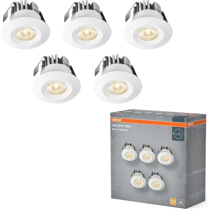 Osram Mini Spot LED Einbaustrahler 6W Weiß IP44, 5er Set Deckenspot 42mm 480lm, Bad Küche warmweiß 3000K