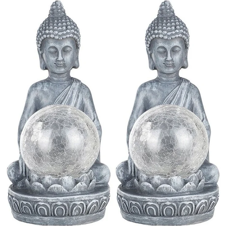 Haushalt International LED Solarleuchte, LED-Leuchtmittel fest verbaut, Farbwechsel, LED Solarleuchte Außenlampe Buddha Figur mit crackle Glaskugel 2er Set – Bild 1