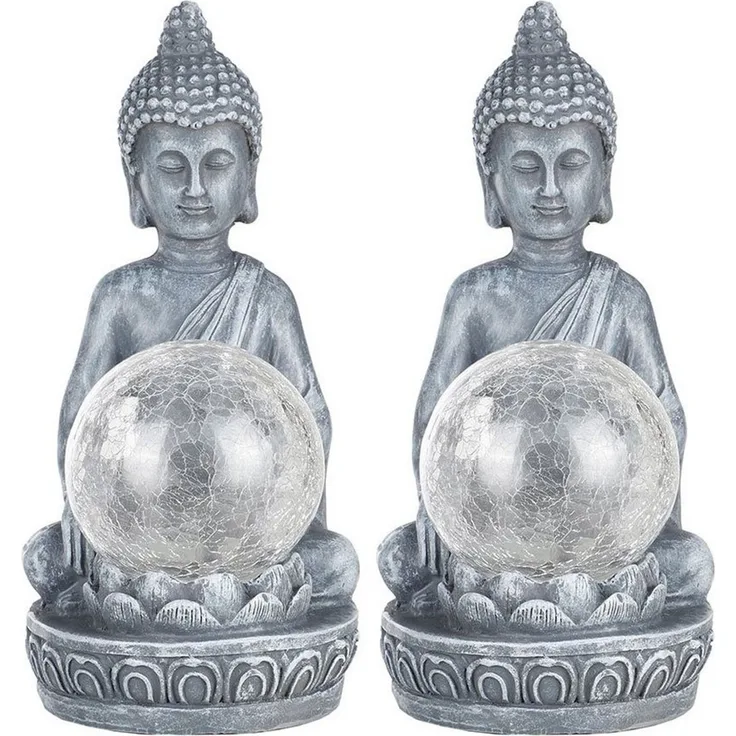 Haushalt International LED Solarleuchte, LED-Leuchtmittel fest verbaut, Farbwechsel, LED Solarleuchte Außenlampe Buddha Figur mit crackle Glaskugel 2er Set
