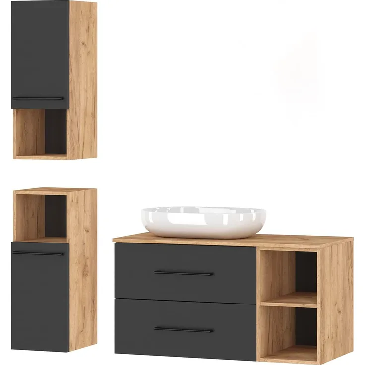 Planetmöbel Badmöbel Komplettset Badmöbel Komplettset 4-teilig 100cm mit Aufsatzwaschbecken und 2X Midischrank, in den Farben Gold Eiche/Anthrazit
