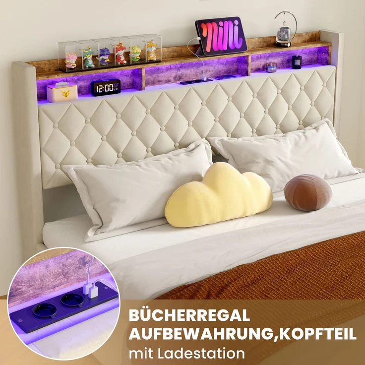 Polsterbett 180x200 cm, Beige Samt, hochelastische Polsterung, Lattenrost (ohne Matratze) – Bild 5
