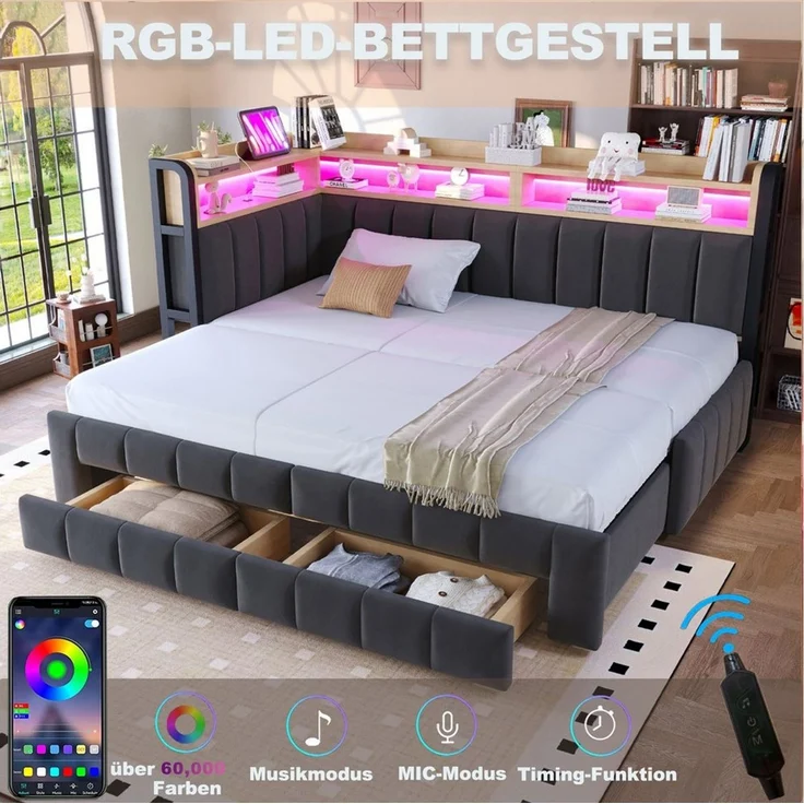 Celya Polsterbett Schlafsofa 90/180 × 200 cm Mit Ausziehbarem Bettteil und Schubladen (ohne Matratze, Mit LED-Beleuchtung, USB- und Typ-C-Anschlüssen), Mit Ablage und Staufächern, Samtstoff – Bild 3