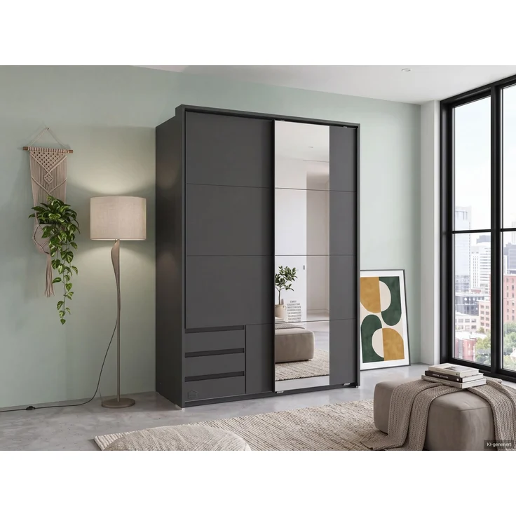 Schwebetürenschrank Kleiderschrank 138cm Grafit Schubladen Spiegel Passepartout – Bild 3