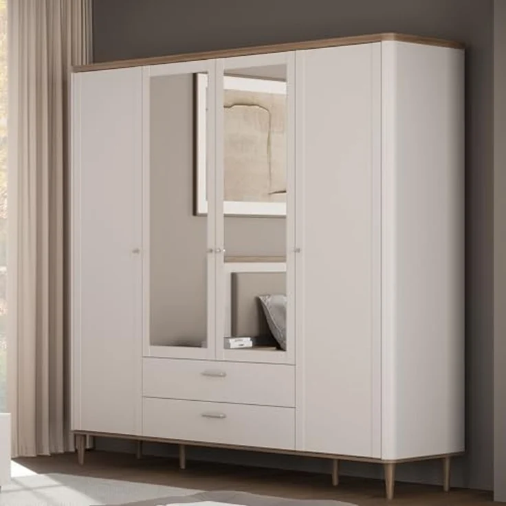 Forte LACETTI Kleiderschrank 200 210, eleganter Schrank mit Spiegel, 4-türig, 2 Schubladen, hohe Beine, Kaschmir-Beige-Valencia Eiche Holzdekor, 209,5 cm breit x 200,5 cm hoch x 52,7 cm tief – Bild 2