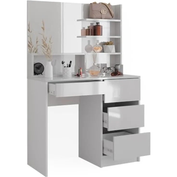 Vicco Schminktisch Sherry, Weiß Hochglanz, mit Spiegelregal, 4 Schubladen, 9 Fächer, 90x75x40 cm – Bild 7