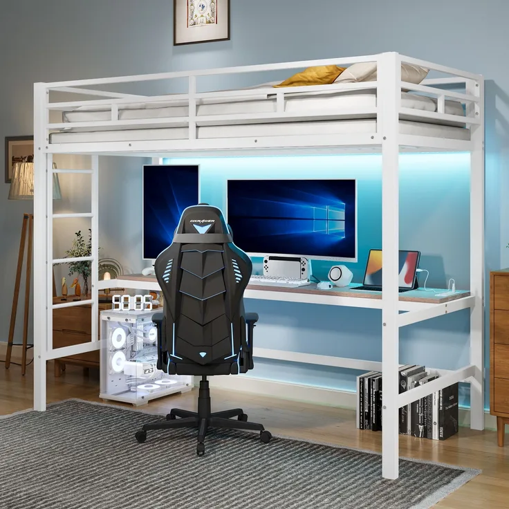 Bett 90x200 cm mit LED-Beleuchtung und USB-/Type-C-Anschlüssen – Hochbett mit Lerntisch und stabilem Metallrahmen