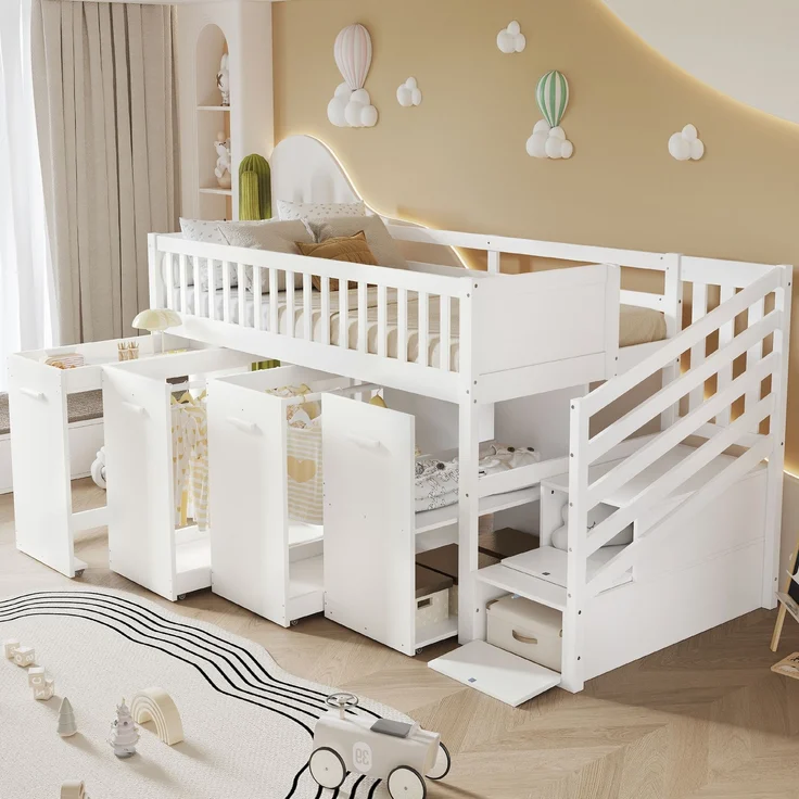 Abrihome Kinderbett Etagenbett 90x200 cm mit Fallschutz und Stauraum, Weiß – Bild 2