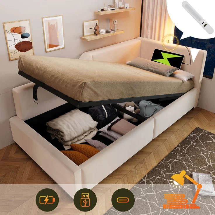 EINHOM Polsterbett Tagesbett 90 x 190 cm, Schlafsofa mit Hydraulischem Stauraum, Leselichtfunktion und USB-C-Ladefunktion, Kinderbett Jugendbett Bettgestell mit Lattenrost aus Holz, Samt, Beige, (Ohne Matratze) – Bild 7