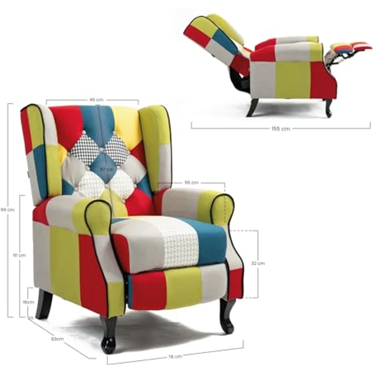 BRIGROS La voglia di fare WeHome – Relaxsessel mit ergonomischer Sitzfläche aus Stoff, Bettsessel, verstellbare Rückenlehne, für Wohnzimmer, Wohnzimmer und Büro (Patchwork, Patchwork) – Bild 4
