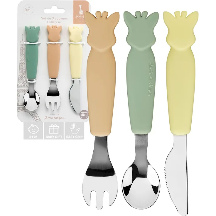 Sophie la Girafe – Set mit 3 pastellfarbenen Silikonbestecken