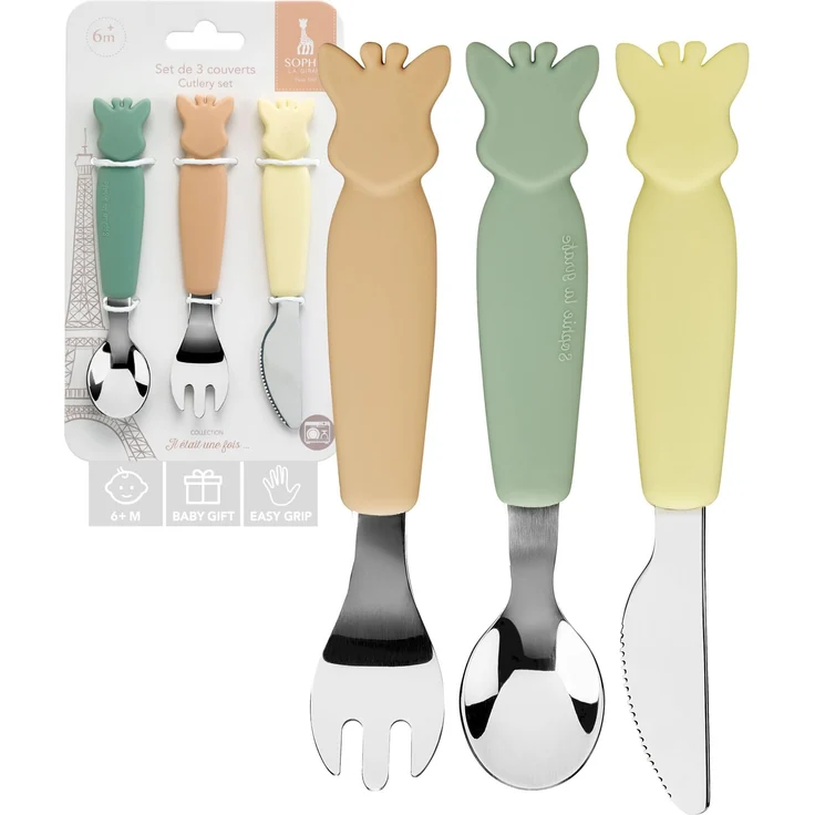 Sophie la Girafe – Set mit 3 pastellfarbenen Silikonbestecken